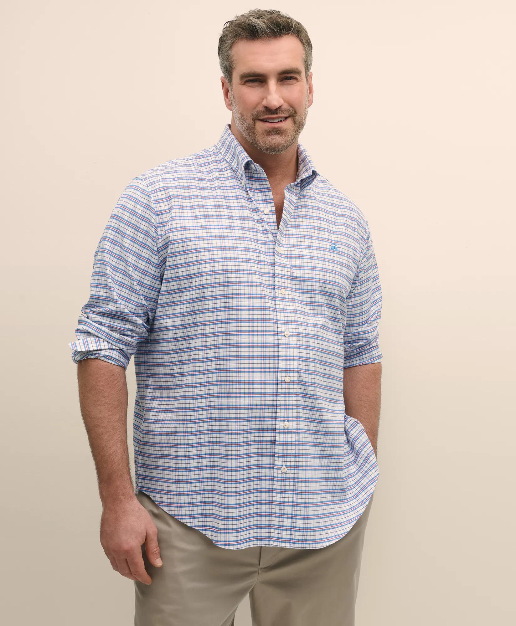 Big & Tall Stretch Cotton Non-Iron Oxford Polo Button Down Collar, Checked Shirt, image 1