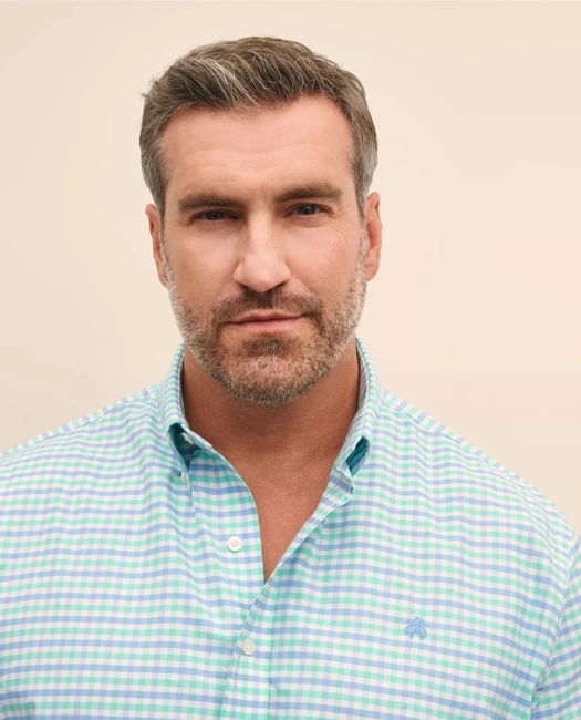 Big & Tall Stretch Cotton Non-Iron Oxford Polo Button Down Collar, Gingham Short-Sleeve Shirt