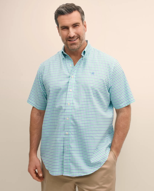 Big & Tall Stretch Cotton Non-Iron Oxford Polo Button Down Collar, Gingham Short-Sleeve Shirt