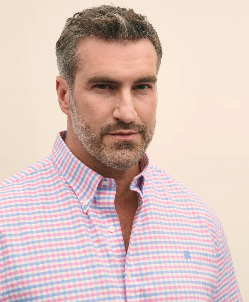 Big & Tall Stretch Cotton Non-Iron Oxford Polo Button Down Collar, Gingham Short-Sleeve Shirt, image 2
