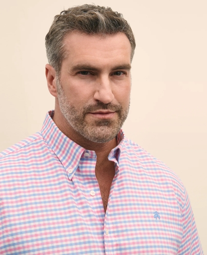 Big & Tall Stretch Cotton Non-Iron Oxford Polo Button Down Collar, Gingham Short-Sleeve Shirt, image 2