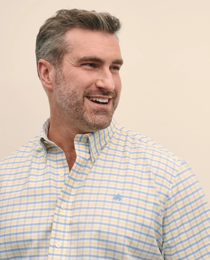 Big & Tall Stretch Cotton Non-Iron Oxford Polo Button Down Collar, Gingham Short-Sleeve Shirt, image 2