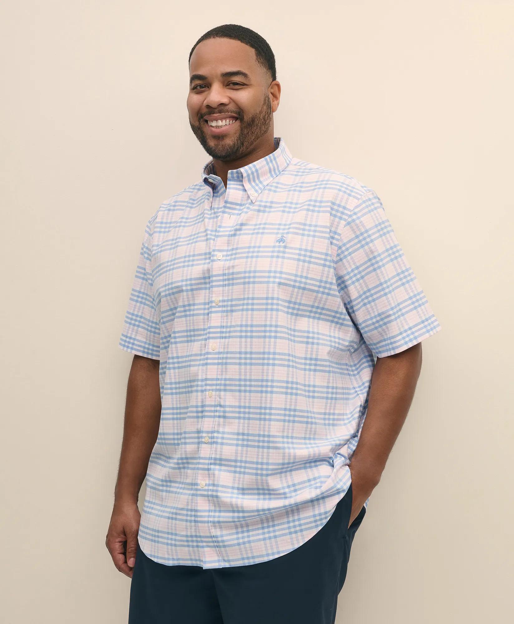 Big & Tall Stretch Cotton Non-Iron Oxford Polo Button Down Collar, Bold Check Short-Sleeve Shirt, image 1
