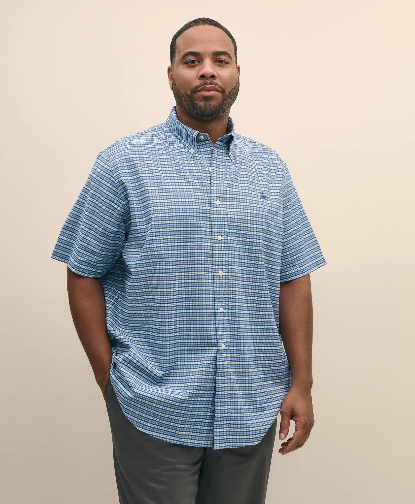 Big & Tall Stretch Cotton Non-Iron Oxford Polo Button Down Collar, Tartan Short-Sleeve Shirt, image 1