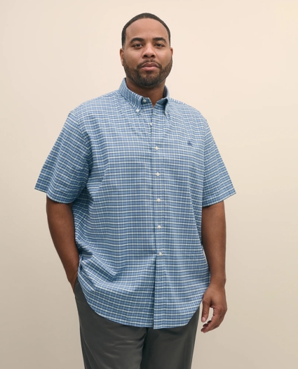 Big & Tall Stretch Cotton Non-Iron Oxford Polo Button Down Collar, Tartan Short-Sleeve Shirt, image 1