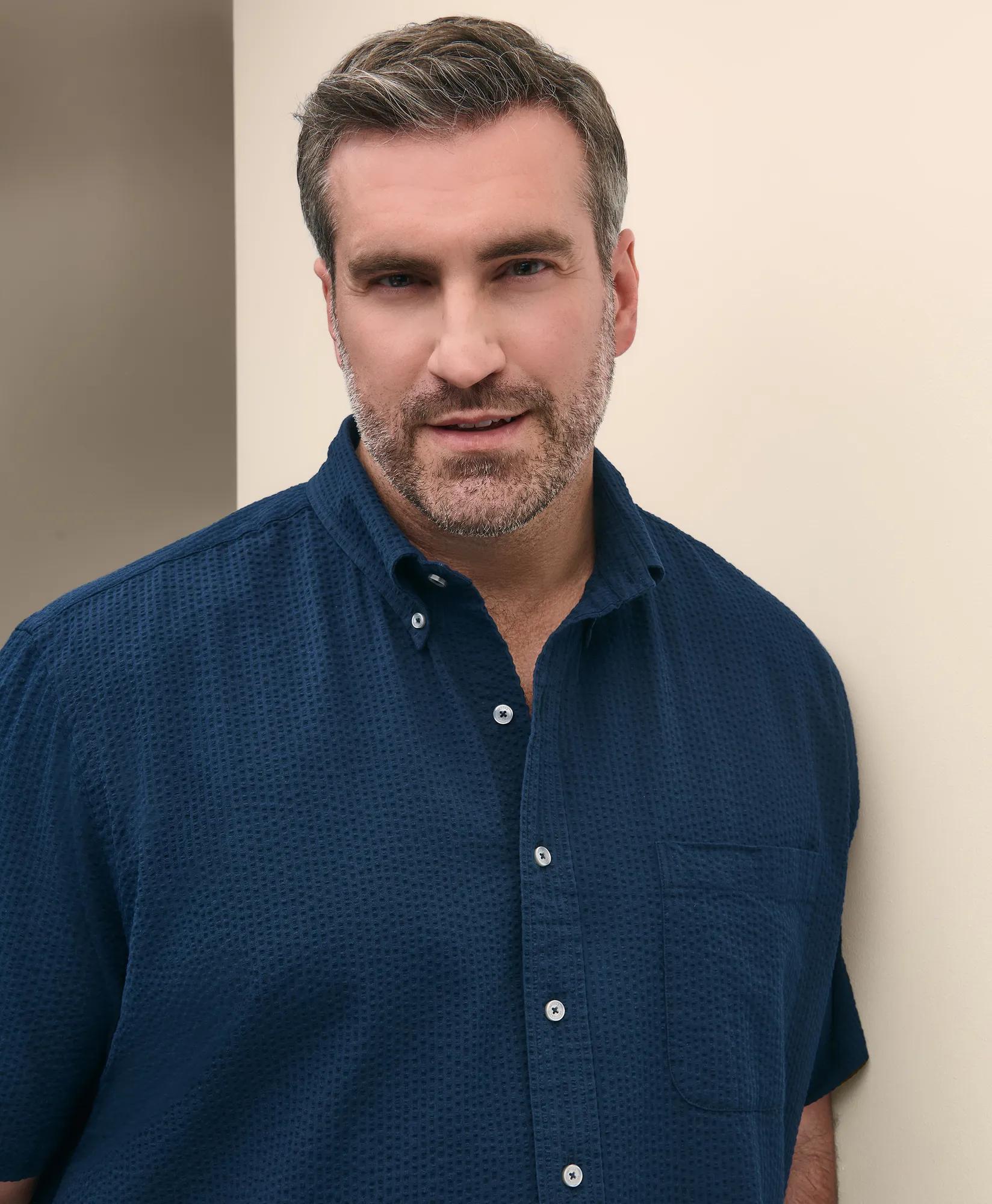Big & Tall Cotton Seersucker Polo Button-Down Collar, Short-Sleeve Shirt