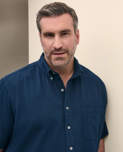Big & Tall Cotton Seersucker Polo Button-Down Collar, Short-Sleeve Shirt, image 1