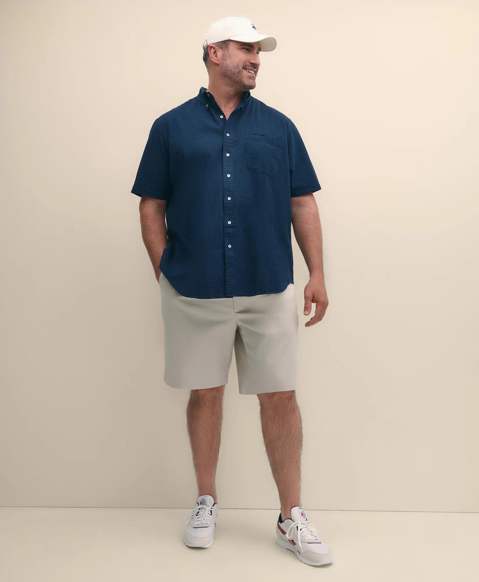 Big & Tall Cotton Seersucker Polo Button-Down Collar, Short-Sleeve Shirt