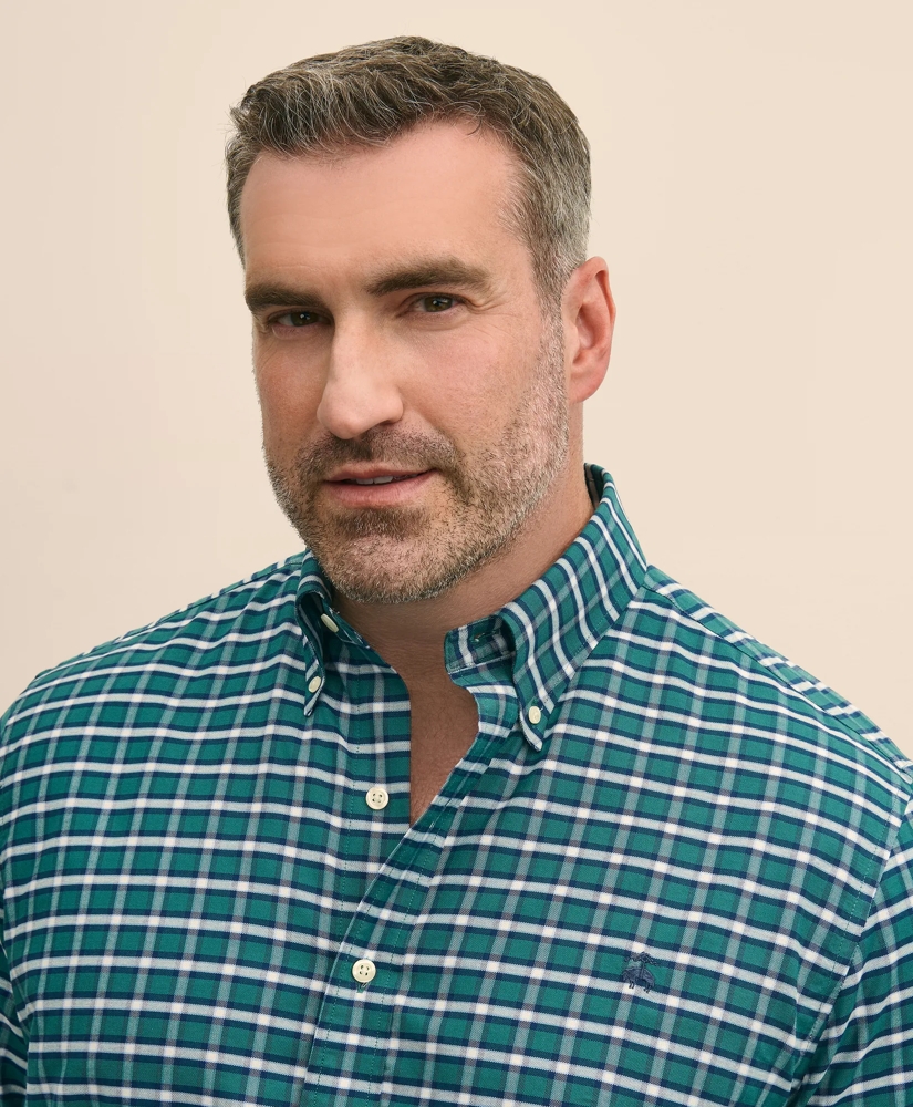 Big & Tall Stretch Cotton Non-Iron Oxford Polo Button Down Collar, Plaid Shirt, image 3