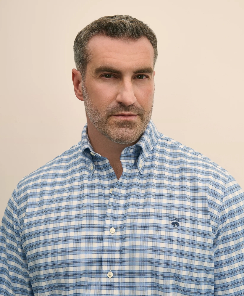 Big & Tall Stretch Cotton Non-Iron Oxford Polo Button Down Collar, Outline Check Shirt, image 3