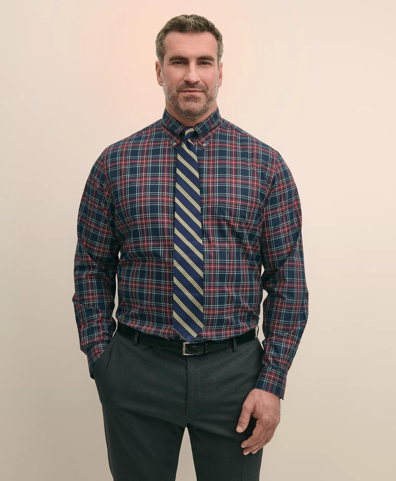 Big & Tall Stretch Cotton Non-Iron Twill Polo Button Down Collar, Tartan Shirt, image 1