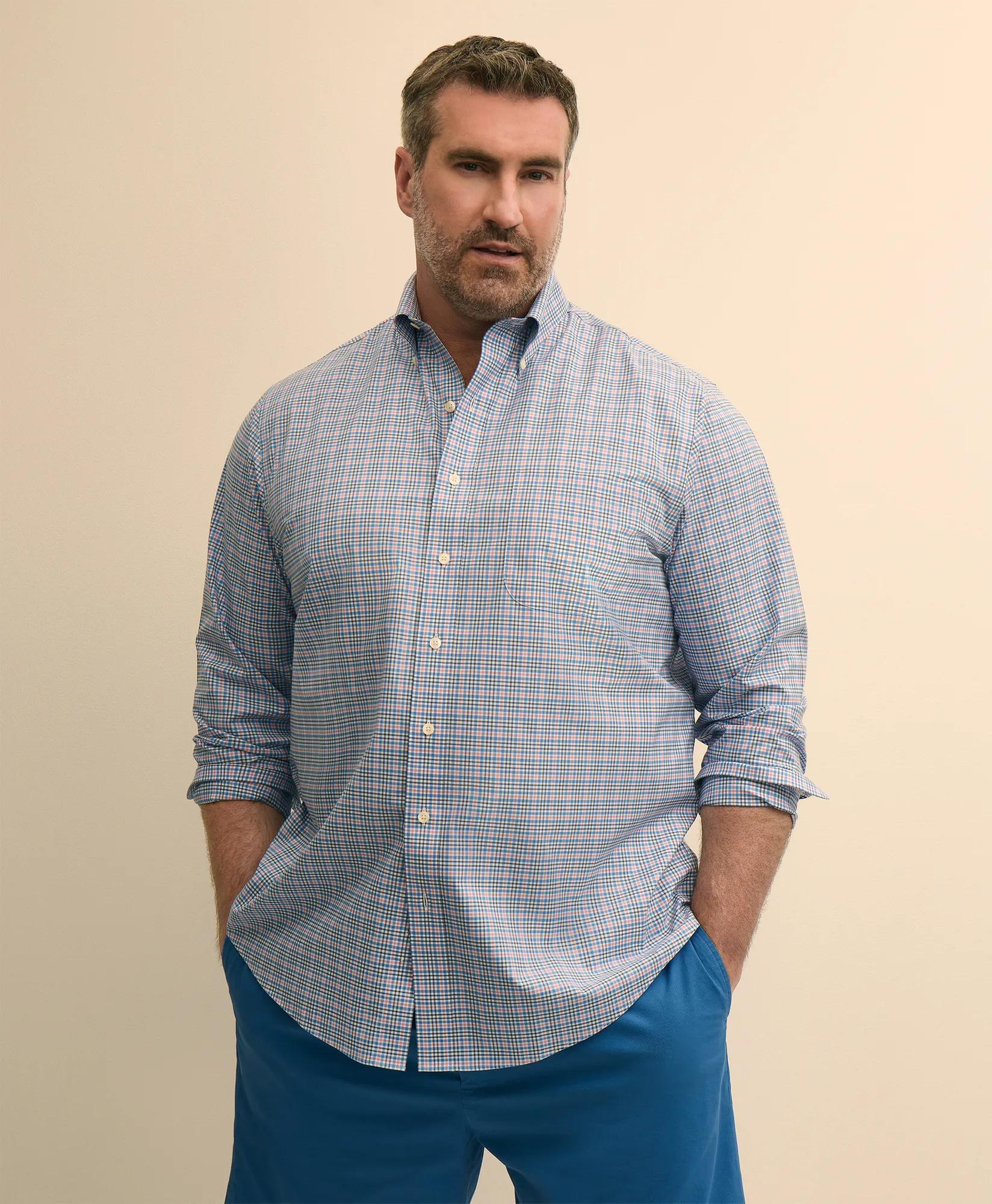 Big & Tall Stretch Cotton Non-Iron Poplin Polo Button Down, Check Sport Shirt, image 1