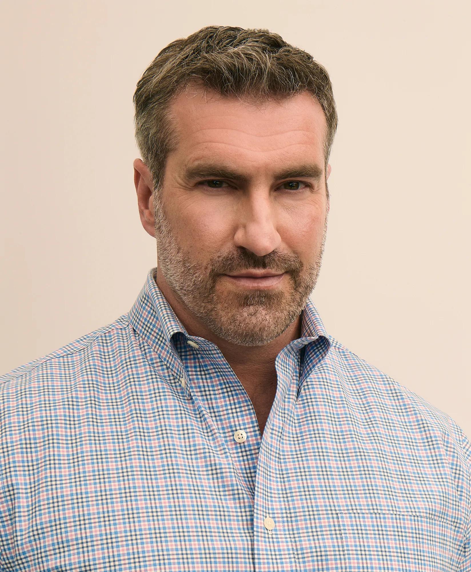 Big & Tall Stretch Cotton Non-Iron Poplin Polo Button Down, Check Sport Shirt, image 2