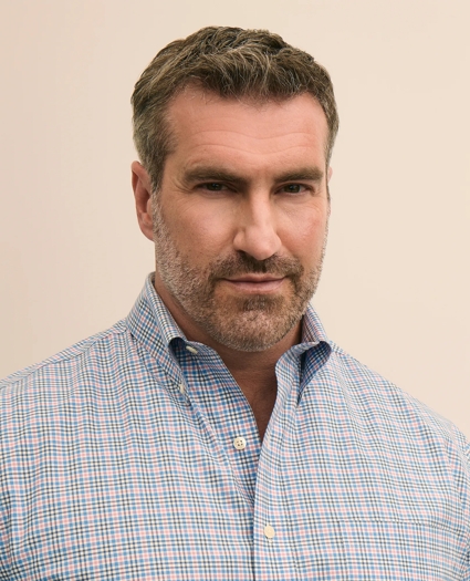 Big & Tall Stretch Cotton Non-Iron Poplin Polo Button Down, Check Sport Shirt, image 2