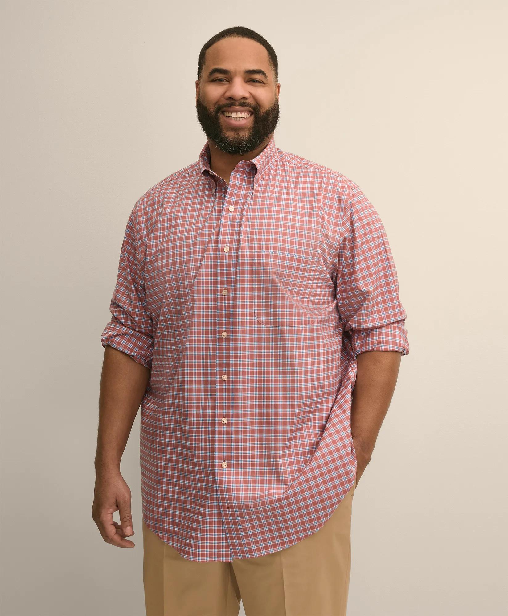 Big & Tall Stretch Cotton Non-Iron Poplin Polo Button Down, Check Sport Shirt, image 1