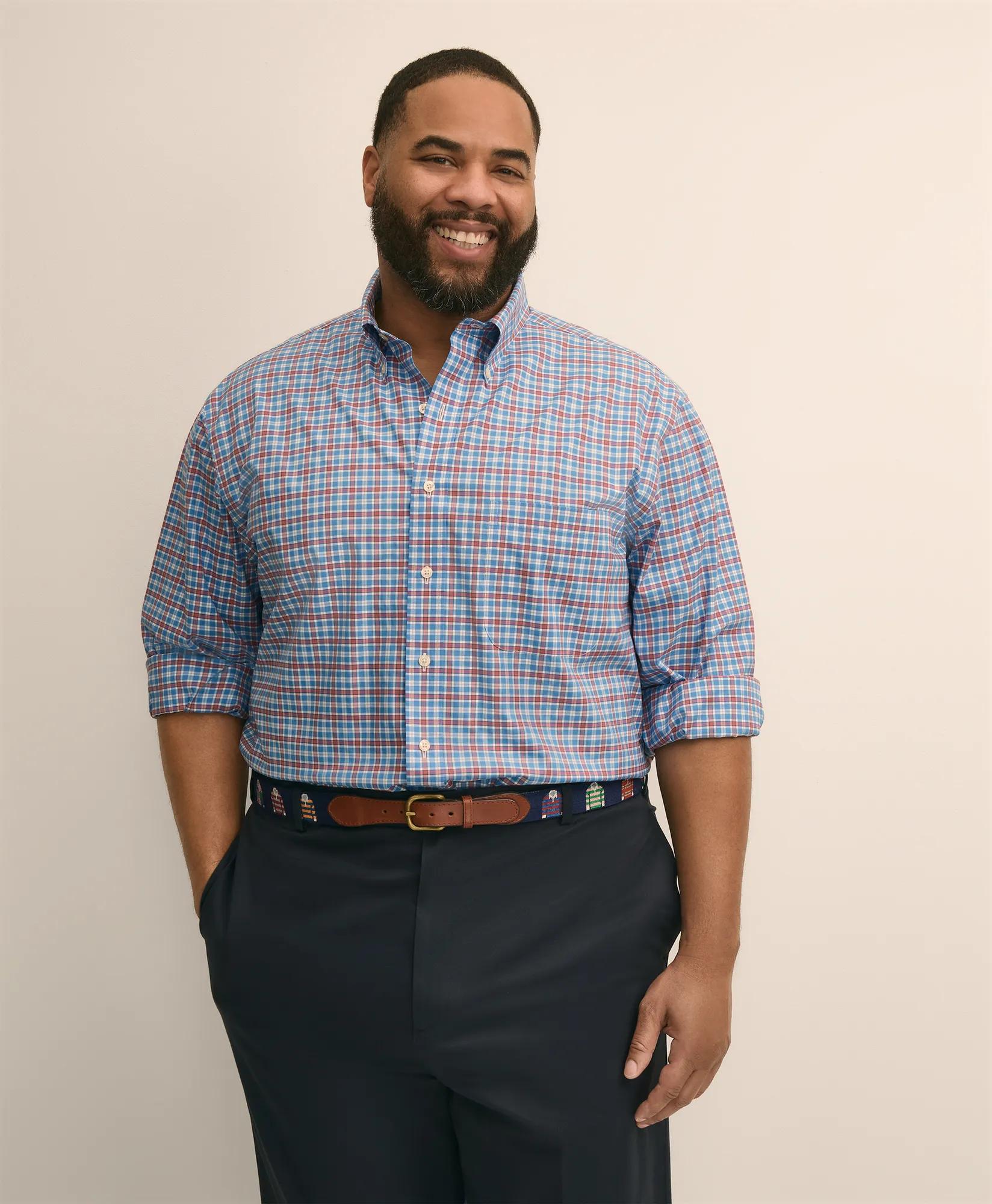 Big & Tall Stretch Cotton Non-Iron Poplin Polo Button Down, Check Sport Shirt, image 1