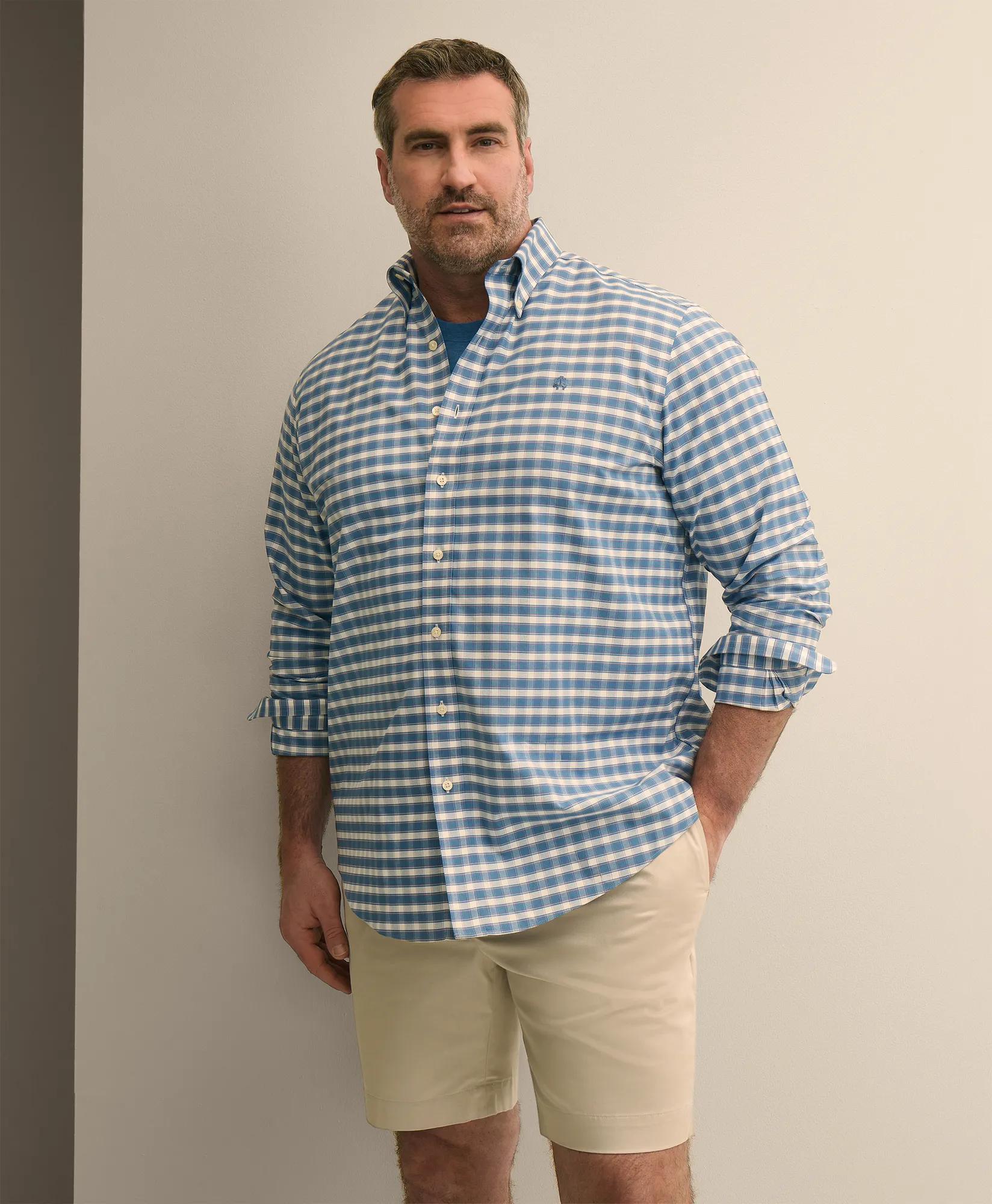 Big & Tall Stretch Cotton Non-Iron Oxford Polo Button Down, Check Sport Shirt, image 1