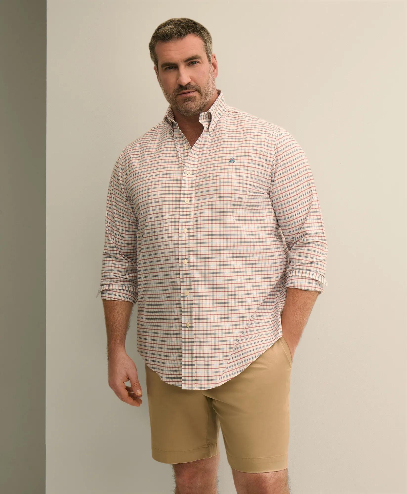 Big & Tall Stretch Cotton Non-Iron Oxford Polo Button Down, Windowpane Sport Shirt, image 1