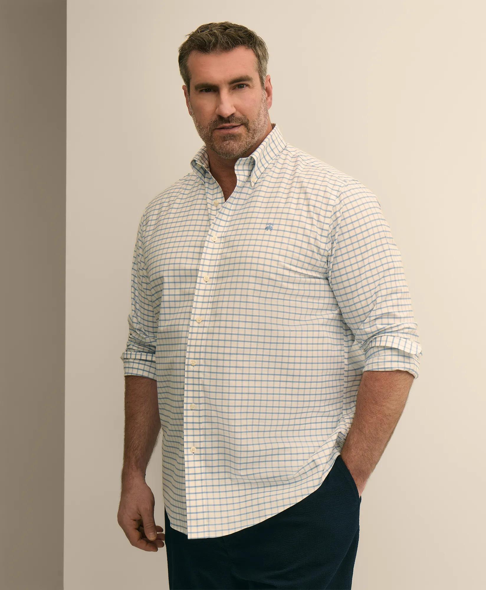 Big & Tall Stretch Cotton Non-Iron Oxford Polo Button Down, Windowpane Sport Shirt, image 1