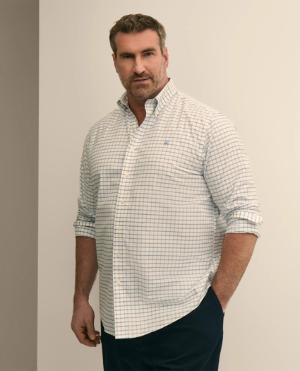 Big & Tall Stretch Cotton Non-Iron Oxford Polo Button Down, Windowpane Sport Shirt, image 1