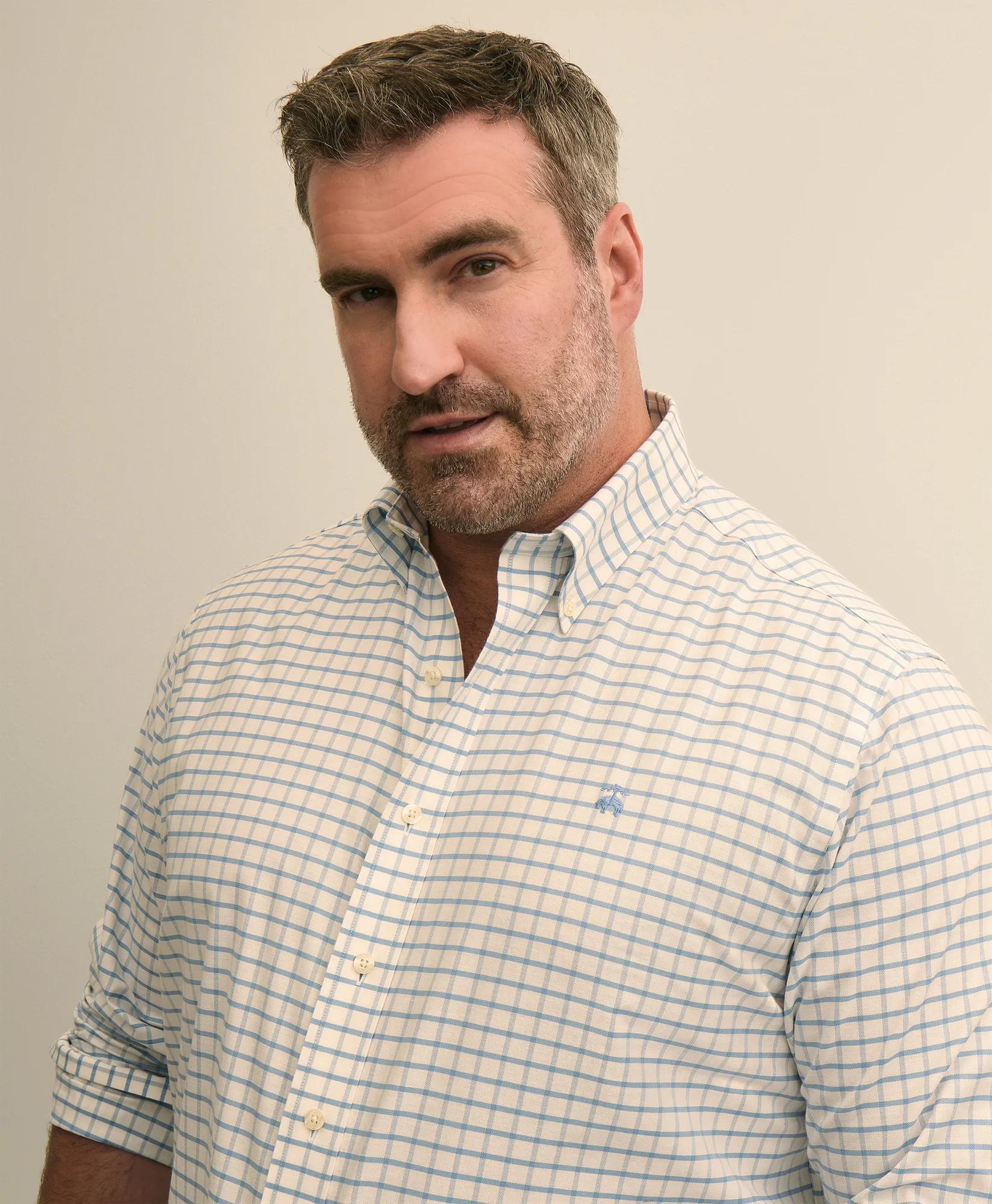 Big & Tall Stretch Cotton Non-Iron Oxford Polo Button Down, Windowpane Sport Shirt, image 2