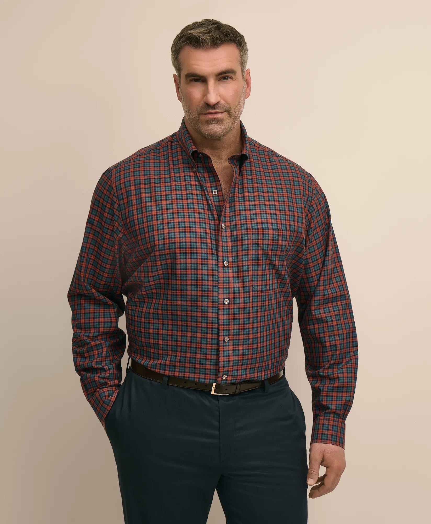 Big & Tall Cotton Non-Iron Twill Button Down Collar Plaid Sport Shirt, image 1