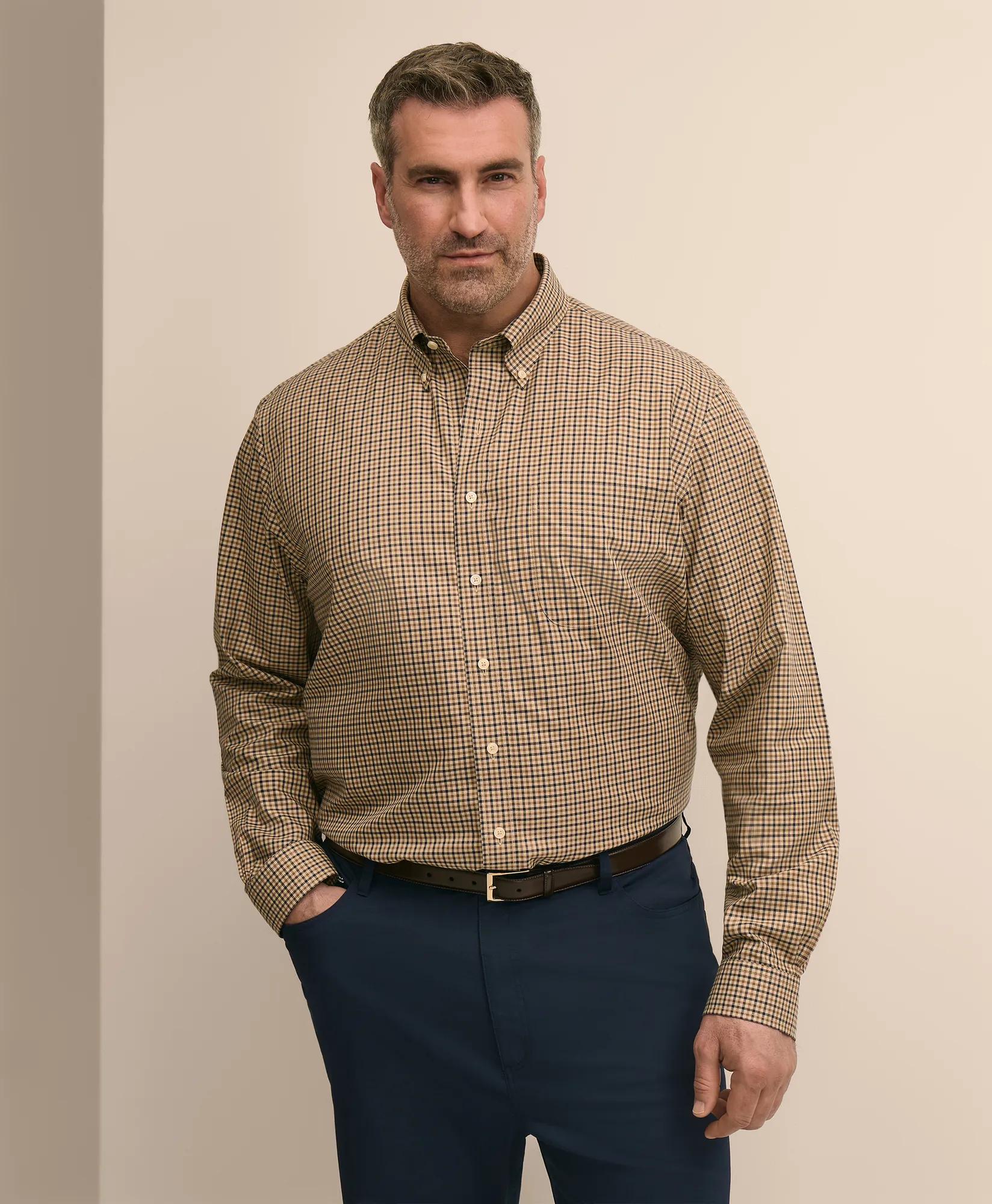 Big & Tall Cotton Non-Iron Twill Button Down Collar Plaid Sport Shirt, image 1
