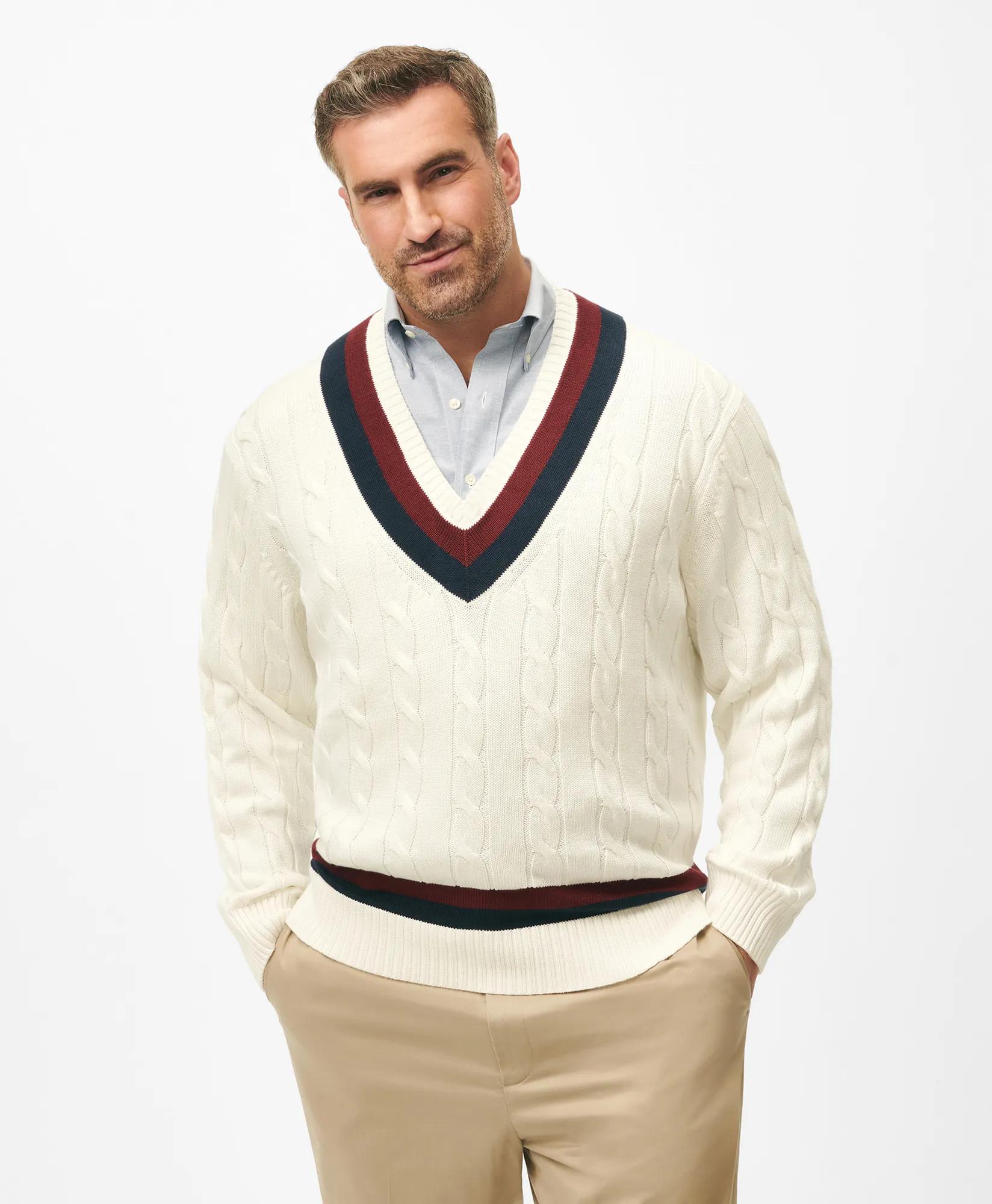 Big & Tall Supima&reg; Cotton Cable Tennis Sweater, image 1